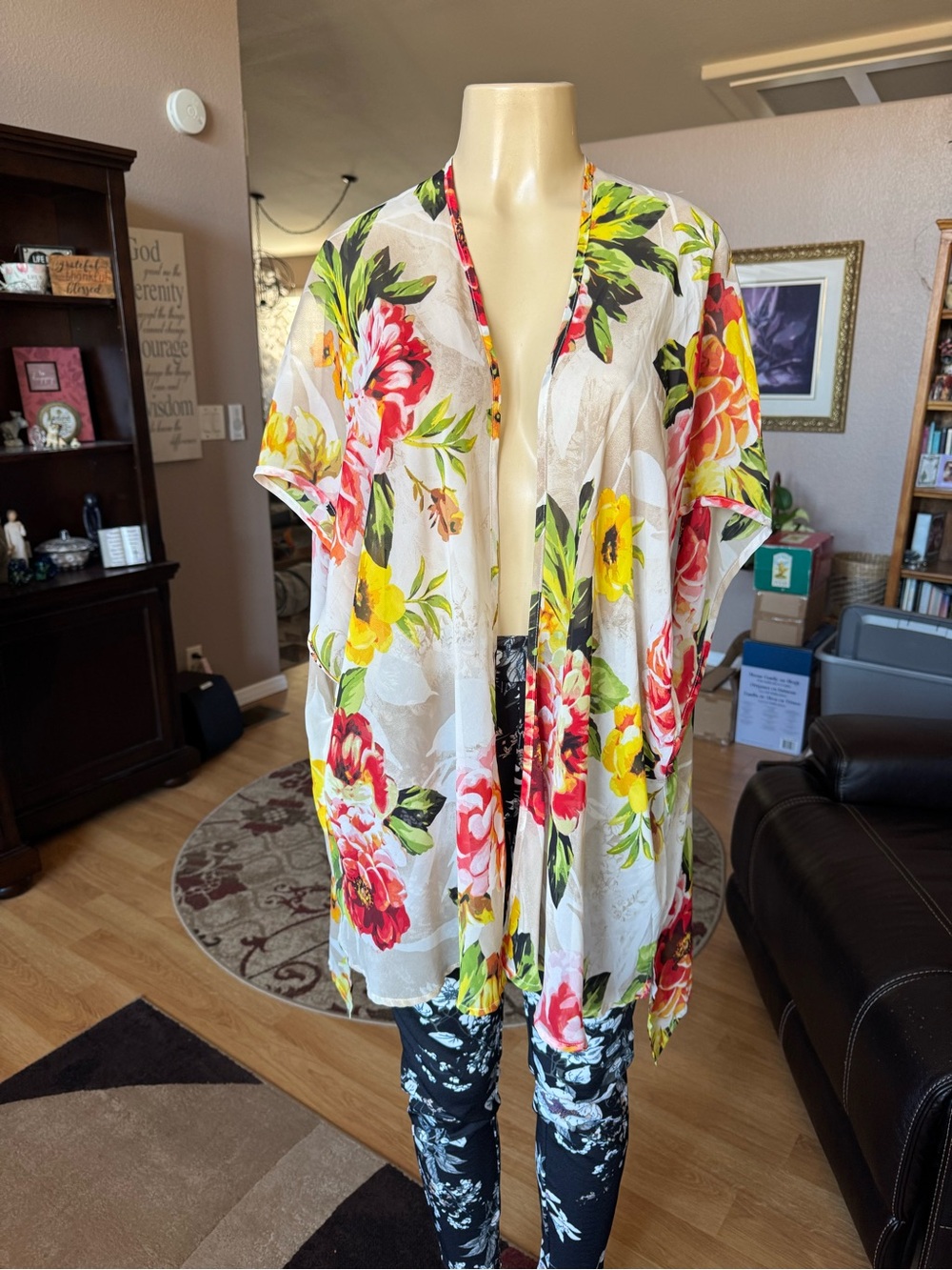 Poetry sheer yellow multicolored short sleeve kimono cardigan-size L